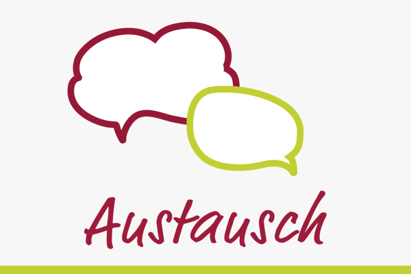 Grafik 2 mit zwei Sprechblasen, eine grün, eine rot, Schriftzug „Austausch“.
